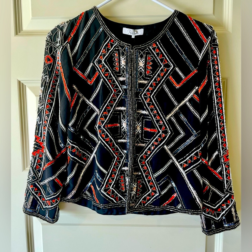 Parker Embellished Jacket Handmade in India Beaded Sequins Aztec Pattern Small